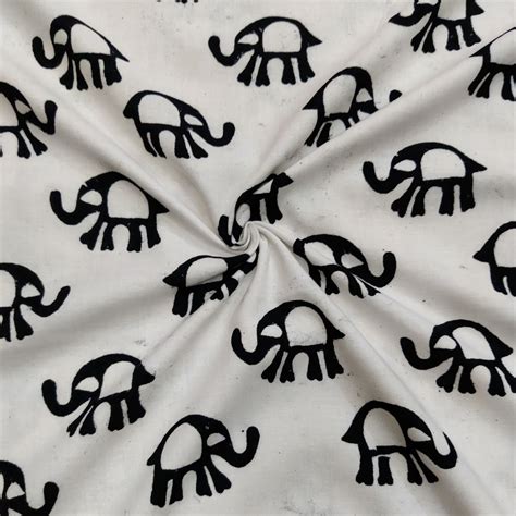 Pure Cotton Jaipuri White With Black Tiny Elephants Hand Block Print F ...