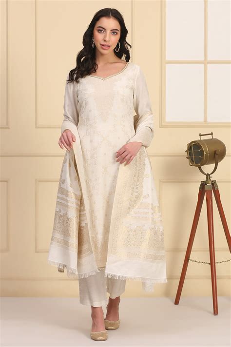 Buy Off White Bead Embellished Flared Kurta, Palazzo and Dupatta Set ...