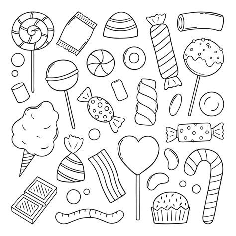 Hand drawn set of sweets and candies doodle. Lollipop, caramel ...