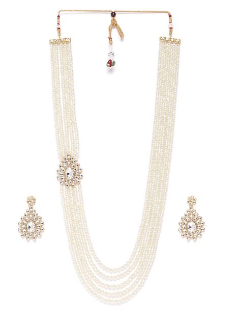 ZAVERI PEARLS Gold Tone Side Brooch Kundan & Layered Pearls Long ...