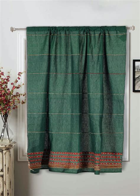 Get Bottle Green Red Cotton Handwoven Khesh Kantha Work Window Curtain ...