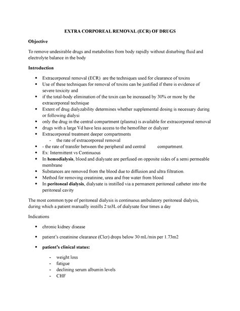 Extracorporeal elimination - EXTRA CORPOREAL REMOVAL (ECR) OF DRUGS ...