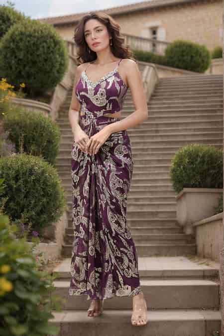 Buy Wine Lurex, Georgette Crystals V-neck Embellished Draped Dress For ...