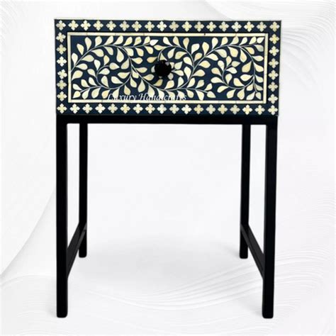 Scroll Vine Bone Inlay Nightstand Blue Black – Luxury Handicrafts