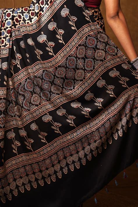 Black Starry Squad Modal Silk Ajrakh Saree - House Of Elegance – House ...