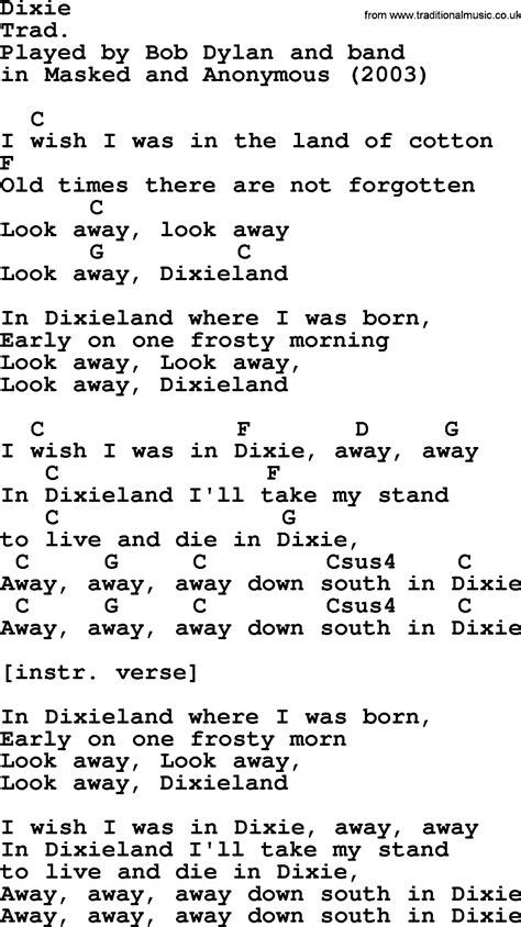 Bob Dylan song - Dixie, lyrics and chords