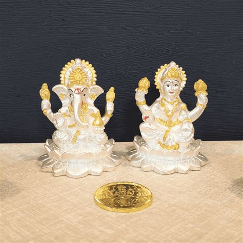 Silver-Plated Laxmi Ganesh Idol 2.8" with Coin | Gold Art India
