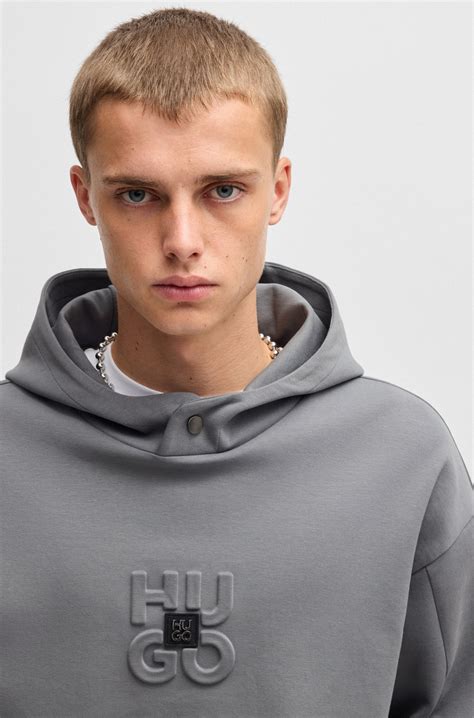HUGO - Interlock cotton-blend hoodie with stacked logos - Grey
