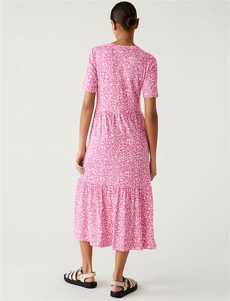 Buy Jersey Printed Round Neck Midi Tiered Dress at Marks & Spencer