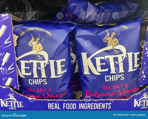 Closeup of Blue Kettle Salt and Vinegar Chip Bags in Shelf of German ...