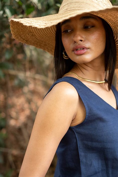 Buy Linen V Neck Tank top for Women Navy Blue