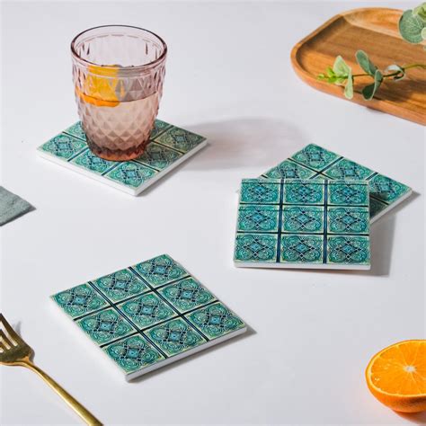 Tile Art Ceramic Coaster Blue Green Set of 4