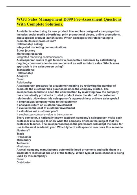 WGU Sales Management D099 Pre-Assessment Questions With Complete ...