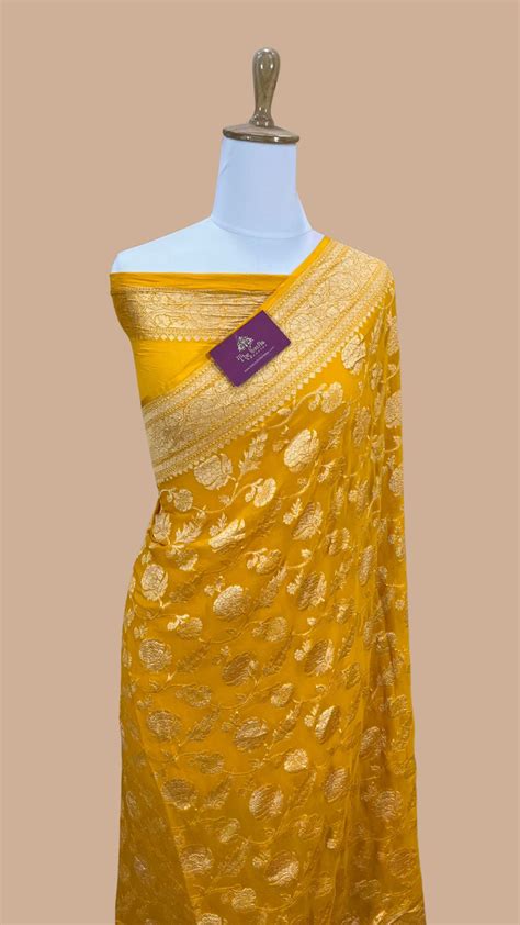 Khaddi Georgette Banarasi Saree - Gold Zari – The Crafts Banaras
