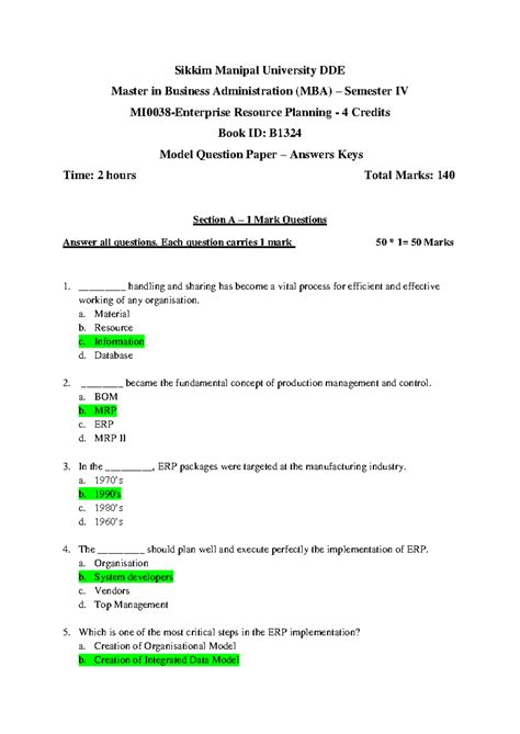 219369651 MI0038 ERP Model Question Paper with Answer Keys - Studocu