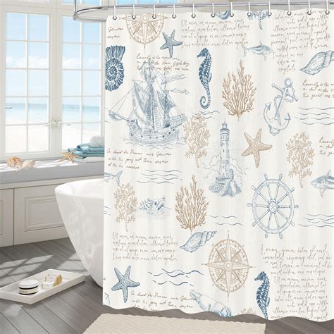 Nautical Coastal Shower Curtain, Vintage Lighthouse Sailboat Compass ...