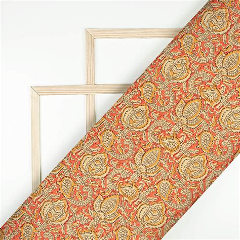Vermilion Orange And Beige Paisley Pattern Digital Print Art Tusser Si ...