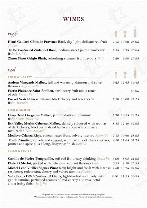 Menu at Warbler on the Wharf pub & bar, Milton Keynes