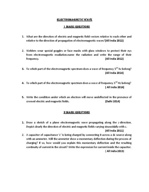 EMW - physics notes - ELECTROMAGNETIC WAVE 1 MARK QUESTIONS What are ...