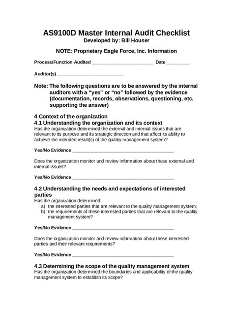 AS9100D Master Internal Audit Checklist - Blank Fillable Template ...