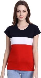 Fasla Striped Women Round Neck Dark Blue, Red, White T-Shirt - Buy ...