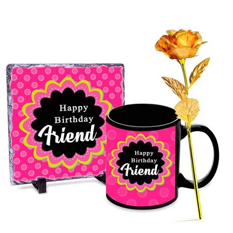 Buy Alwaysgift Happy Birthday Friend Stone Tile - Mug & Golden Rose ...