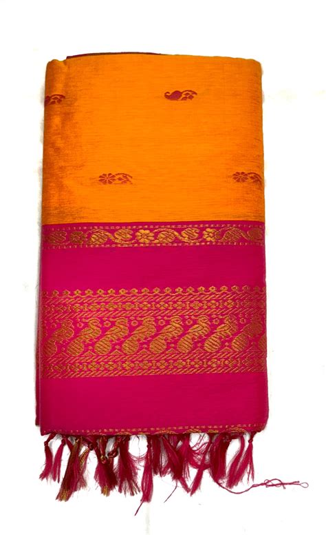 Mustard Orange Kalyani Cotton Saree with Pink Border | Vasthiram