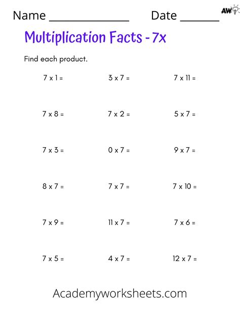 7 Times Table worksheets - Academy Worksheets