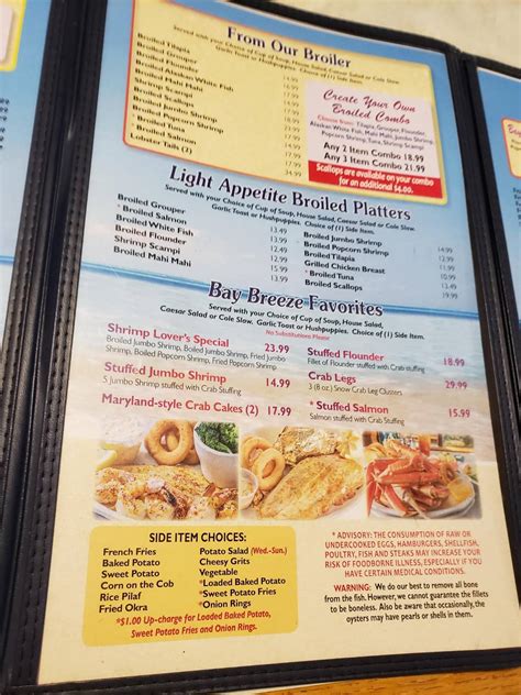 Menu at Bay Breeze Seafood restaurant, Hendersonville