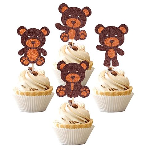 24 PCS Bear Cupcake Toppers Glitter Double Layers Teddy Inspired Baby ...