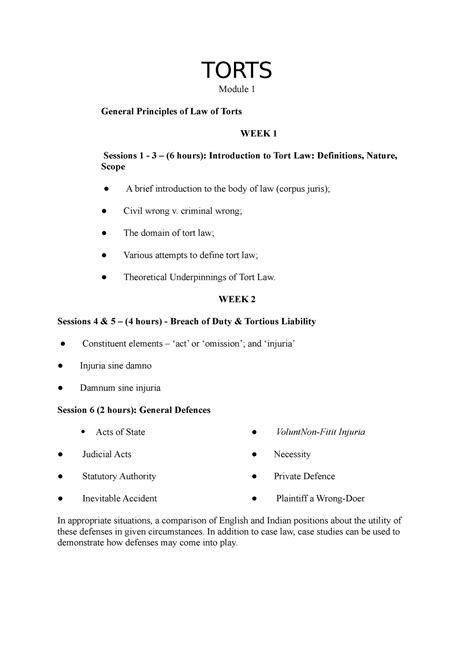 Torts syllabus - TORTS Module 1 General Principles of Law of Torts WEEK ...