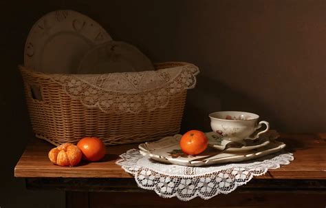 Wallpaper the dark background, Cup, plates, dishes, still life, basket ...