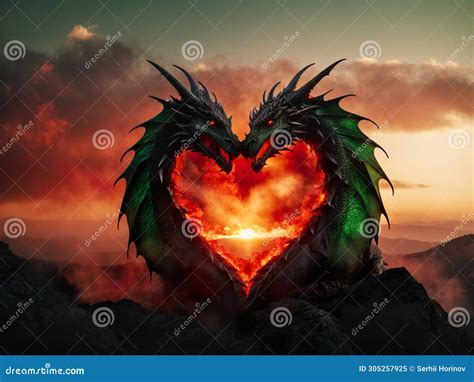 Green Dragon Breathe Fire in Shape of Heart, One Head, Flame in Shape ...
