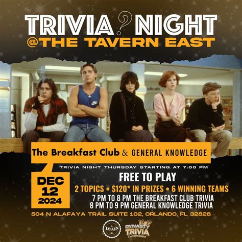The Tavern East Orlando Trivia Night: The Breakfast Club Trivia ...
