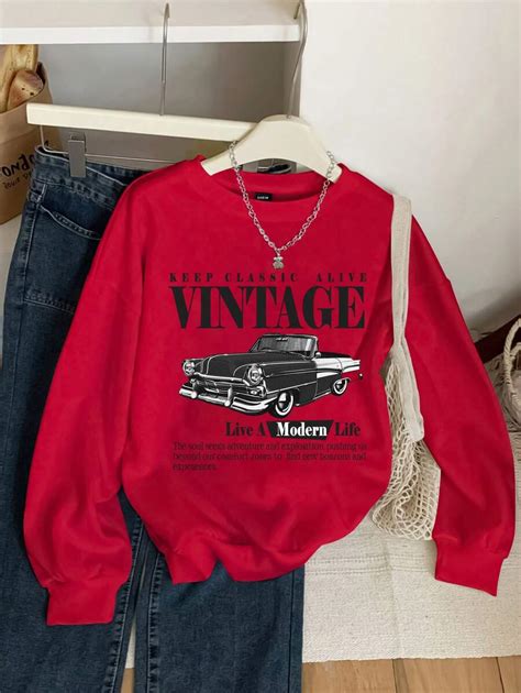 SHEIN EZwear Casual Retro Car Graphic Round Neck Loose Fit Thick ...