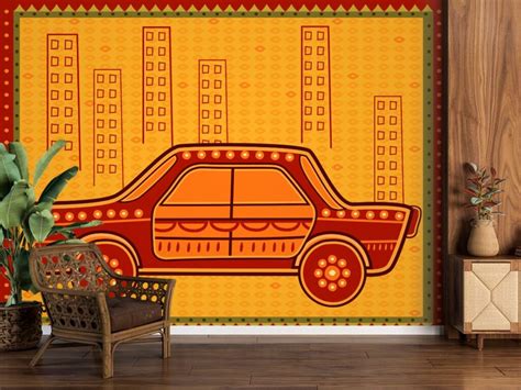 Taxi Cab in Indian Desi Folk Art Style Wallpaper for Wall - Magicdecor®