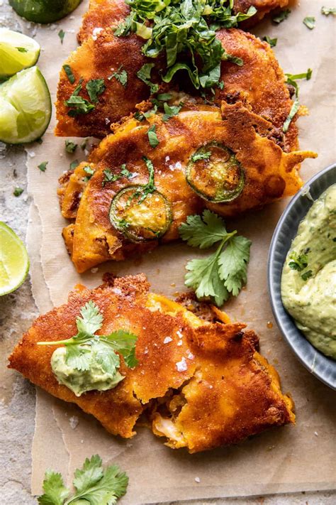 Crispy Cheese Chicken Tacos with Avocado Cilantro Sauce. - Half Baked ...