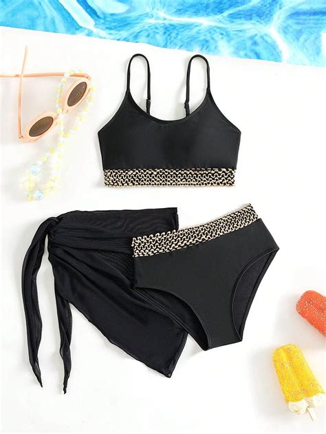 Tween Girl 1set Contrast Trim Bikini Set With 1pc Beach Skirt Summer ...