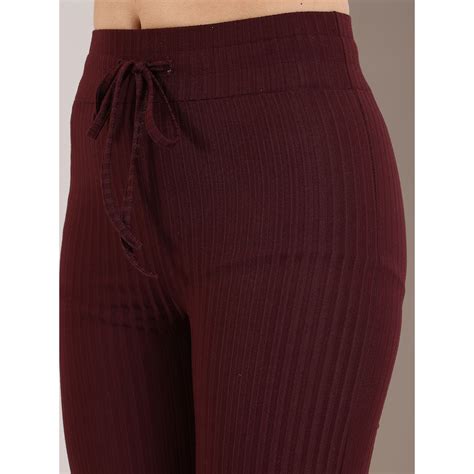 Buy EVERDION Maroon Rib Drawstring Flare Pants Online
