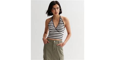 Light Grey Cotton Stripe Halter Neck Crop Vest | New Look