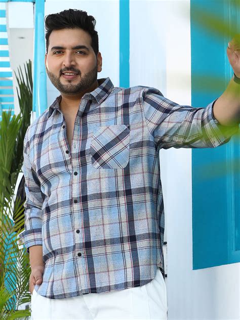 Instafab Plus Men's Baby Blue Tartan-Utility Shirt