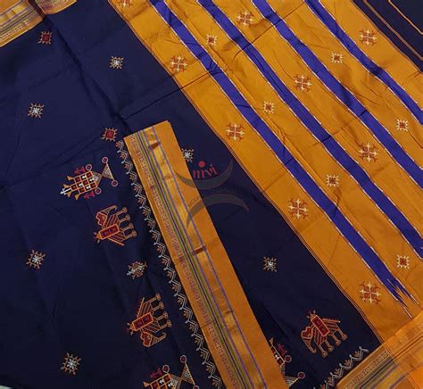 Royal blue silk cotton ilkal with traditional anne gopura motif kasuti ...