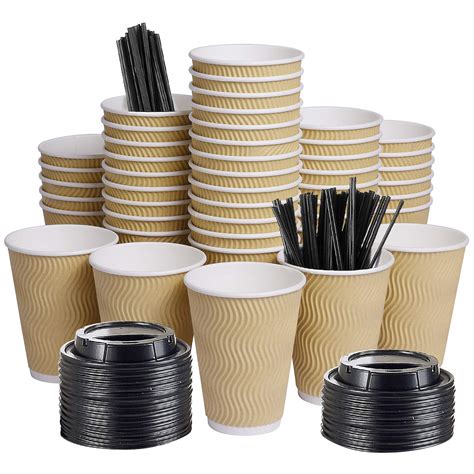 Buy Disposable Paper Coffee Cups with Lids, 100 pack 12 oz Ripple Wall ...