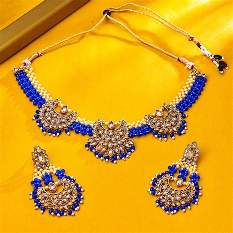 Sukkhi Gold Plated Blue Reverse AD & Pearl Choker Necklace Set for Wom ...