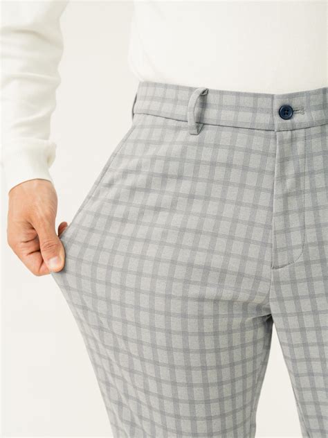 Buy Men Grey Checks Slim Fit Stretchable Workwear Pant
