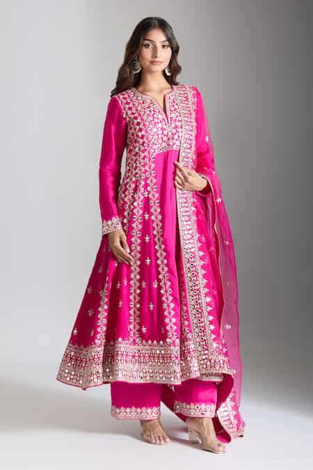 Buy Pink Organza, Tussar Mirrors, Embroidery Gulbahar Anarkali Set For ...