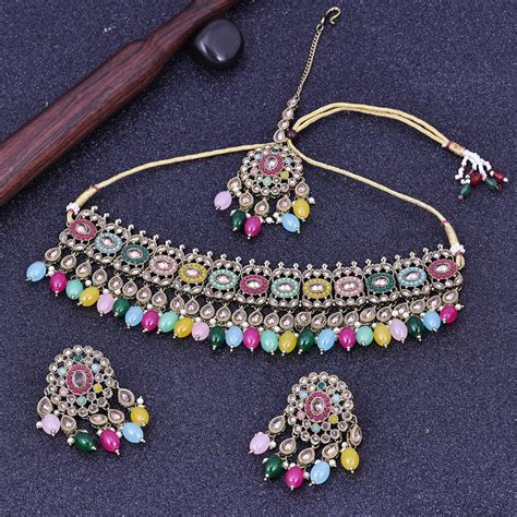 Sukkhi Enchanting Multicolor Gold Plated Pearl Choker Necklace Set Wit ...