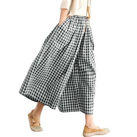 Audhol Gingham Pants, Women's Cotton Linen Pants Elastic Waist Plaid ...