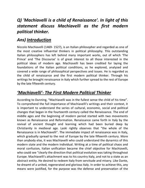 Machiavelli The First Modern Political T - Q) 'Machiavelli is a child ...