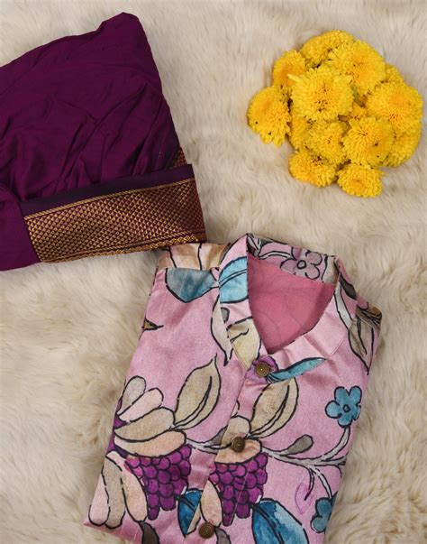 Traditional Indian Handpainted Style wine and lavender Silk Dhoti Kurt ...